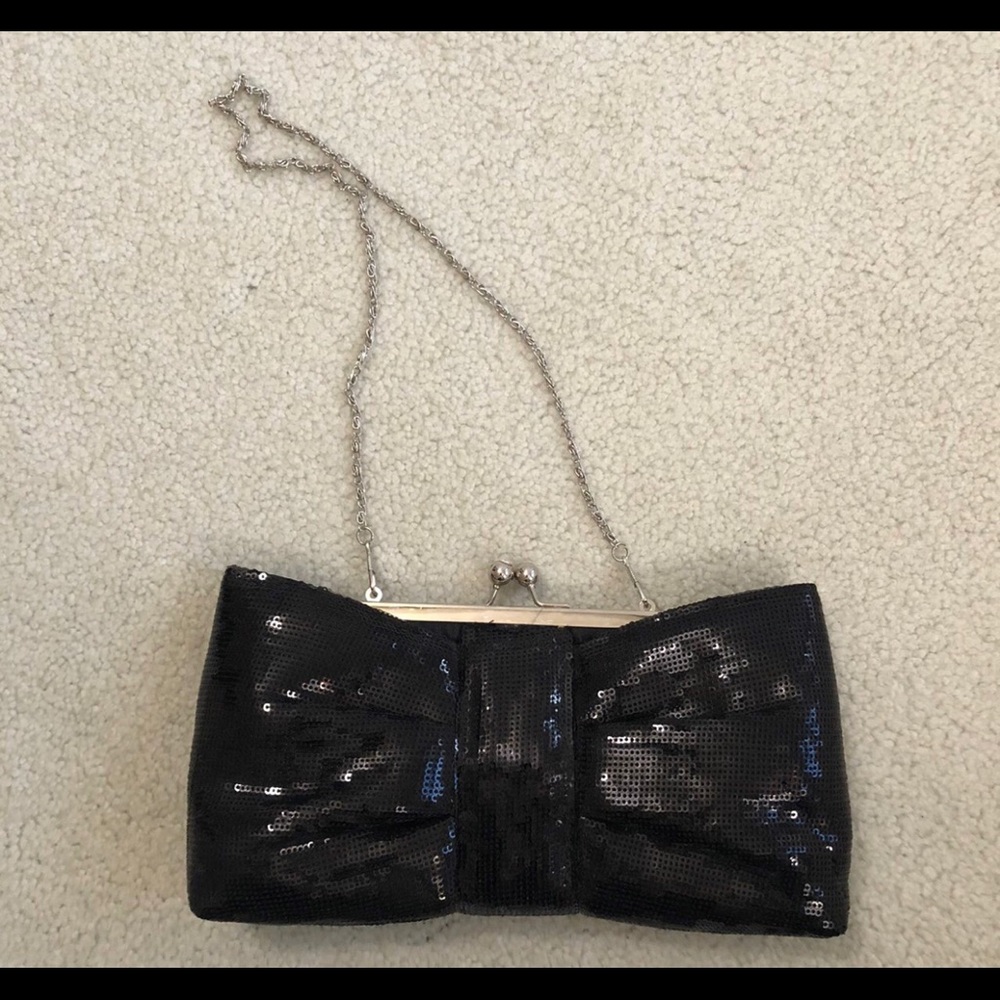 black sequin bow clutch purse